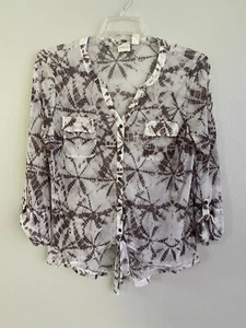 Chico's Womens Size 2 Gray White Tie Dye Semi Sheer Mesh Knit Tie Waist Top - Picture 1 of 13