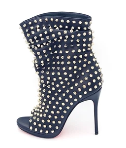 CHRISTIAN LOUBOUTIN Spike Booties Guerilla 120 Slouch Peep Toe Ankle Boots 34 - Picture 1 of 9