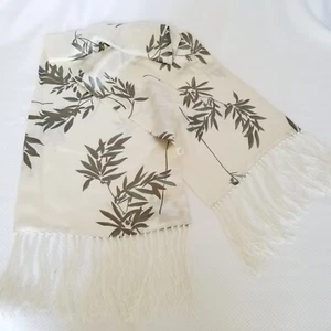 100% Silk Scarf Olive Green & Beige with Bamboo Leaves & Long Fringe - Picture 1 of 8