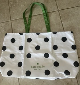 KATE SPADE LARGE GREEN WHITE POLKA DOT canvas BAG SHOP TOTE Reusable Foldable - Picture 1 of 4