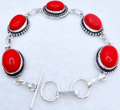Brazalete de cadena de eslabones del suroeste de plata esterlina .925 con piedras preciosas de coral rojo 7-8 pulgadas Foto 1 de 3