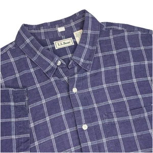 Vtg LL Bean 55% Linen 45% Cotton SS Button Up Men 2XLT Blue Windowpane Hong Kong - Picture 1 of 12