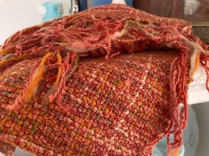 Vintage handgewebt Wolle Flachs und Mohair Zimt Orange Tweed Fransen Schal - Bild 1 von 10