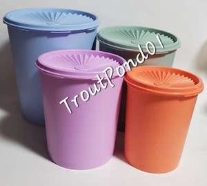 Tupperware Servalier Canister Set 4 Canisters Pastels Blue Green Orange Pink New - Picture 1 of 16