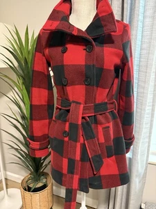 Ike Behar Damen Mantel Black & Red Pea Coat kariert Gürtel Taschen Knopf Small - Bild 1 von 9