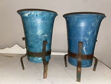 Vtg Mcm Blue Plastic Flower Pot Retro White Vase  Acrylic Cemetery Metal Legs