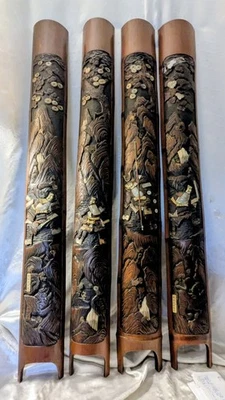 Japon Chine XIXe 4 Bambous Sculptés  Samouraïs  Incrustations Idéogrammes Nacre. - Photo 1/4