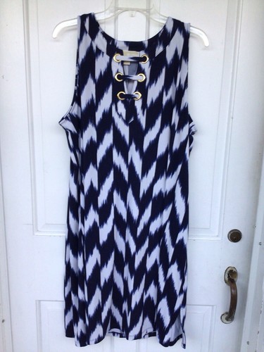 Abito tunica smanicato Michael Michael Kors blu navy bianco zig zag midi taglia 2X.