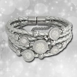 Bracciale Amello pelle argento cerchi zirconi bianco chiusura acciaio LAQ013J9 - Foto 1 di 2