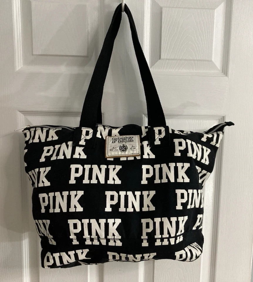 Bolso de Hombro Victoria's Secret Rosa Blanco y Negro Estampado Grande de Lona Foto 1 de 4