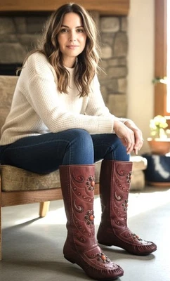 Bohemian DOLLHOUSE Faux Leather Maroon Beaded Boots Size 7 - Image 1 of 4