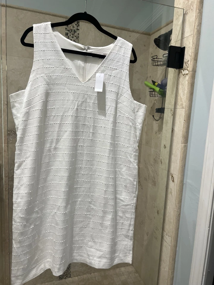 Loft Plus Woven Textured Dress With Fringe Trim Plus Size 24 White Navy Blue