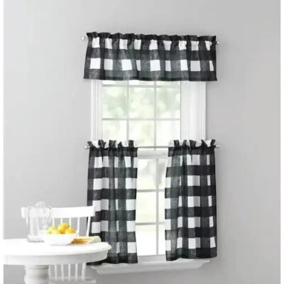 Mainstays 3-Piece Valance & 36" Tiers Curtain Set ~ Black & White Check Pattern - Image 1 of 4