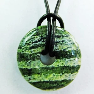 Green & White Zebra Jasper 1 1/4" Polished Stone Donut Leather Cord Necklace #5 - Picture 1 of 3