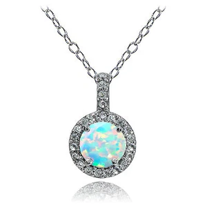Sterling Silver Created Opal and White Topaz Halo Necklace - Picture 1 of 1