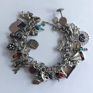 Sterling Silver Charm Bracelet With 34 Charms Travel Cool & Vintage - 84 Grams - Picture 1 of 8