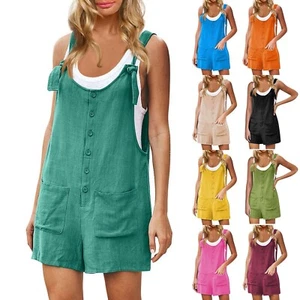 Women's Casual Summer Cotton Linen Rompers Overalls Jumpsuit Shorts with Pockets - Picture 1 of 16
