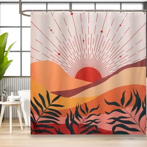 Orange Sunset Abstract Line Peak Shower Curtain Set Boho 72"W x 72"L (Pack of 1) - Picture 1 of 5
