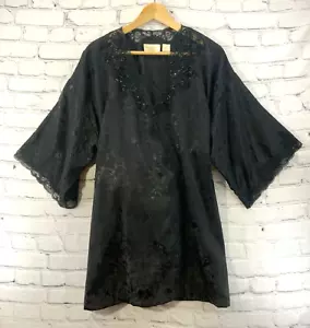 Victorias Secret Black Kimono Robe Vintage 90’s Lingerie Lace Trim Glam Mob Wife - Picture 1 of 10