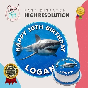 GRAN PASTEL DE CUMPLEAÑOS COMESTIBLE REDONDO TIBURÓN BLANCO DECORACIÓN PERSONALIZADA - Imagen 1 de 1