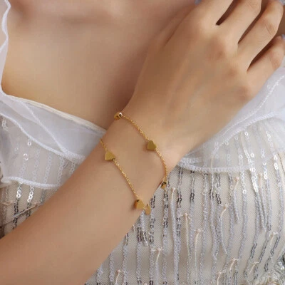 Brazalete Brazalete Mujer Chapado en Oro 18K Acero Inoxidable 2 Capas Cadena Corazón Dije  Foto 1 de 4