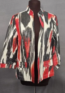 Chico's Red White Black Abstract Shimmer Open Front Linen Blend Jacket Sz 0 S - Picture 1 of 9
