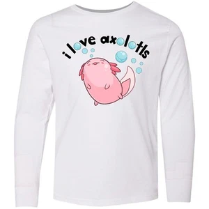 Inktastic I Love Axolotls With Bubbles Youth Long Sleeve T-Shirt Animals Axolotl - Picture 1 of 3