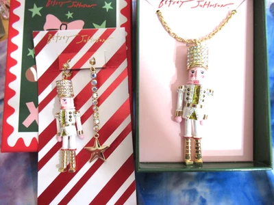 Betsey Johnson Necklace Earring Crystals WHITE Holiday  Nutcracker Pendant Set - Image 1 of 4