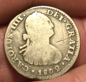 1802 Mexico FM Silver 1 Real Colonial Coin, Carolus IIII - Picture 1 of 2