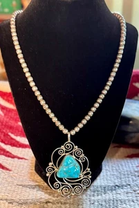 VTG NAVAJO, 26" Sterling Silver Navajo Beads and Kingman Pendant, All Handmade - Picture 1 of 17