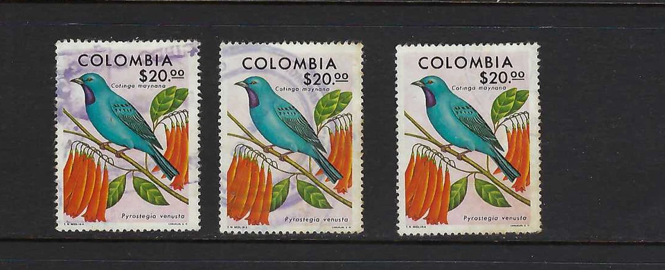 MAYAN COTINGA AND PYROSTEGIA VENUSCA.- FLOWERS- BIRD.- {3}  COLOMBIA  1977 - Image 1 of 1