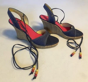 Fioni Blue Denim Ankle Laced Peep Toe Wedge Heel Sandals Size 8.5 - Picture 1 of 9