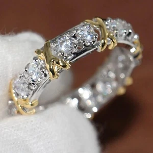2Ct Round Cut Lab Grown Diamond Women's Eternity Wedding Band 10K Two Tone Gold - Picture 1 of 11