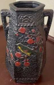 VTG Japan Black Red Vase Urn ChalkWare Bird Cherry Blossom Hexagon Handle Relief - Picture 1 of 12