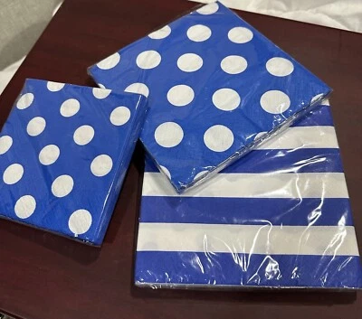 NAPKINS, PARTY - BLUE POKA DOT AND STRIPED NAPKINS SET OF 3. - Image 1 of 4