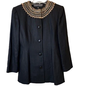 Vtg Linda Allard Ellen Tracy Linen Jacket Women’s 4 Lined Beaded Jewel Neckline - Picture 1 of 13