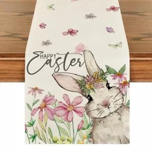 Happy Easter Decorations Bunny Rabbit Flowers Table Runner Kitchen Dining 13x72" - Picture 1 of 12