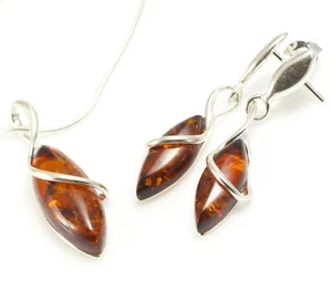 BALTIC AMBER SILVER 925 Jewellery SET EARRINGS & NECKLACE CHAIN Certified - Picture 1 of 11