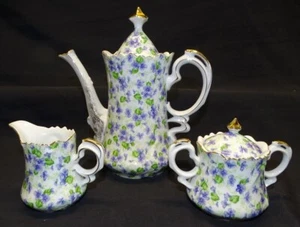 Lefton Violets Coffee Pot, Cream & Sugar Set NE660V - Picture 1 of 12