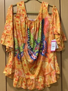 Top donna multicolore farfalla nuovo con etichette Leoma Lovegrove XL spalle fredde manica 3/4 - Foto 1 di 12