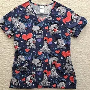 Disney Women's Size XS 100% Cotton Loveable Eeyore Heart Print Scrub Top - Picture 1 of 8