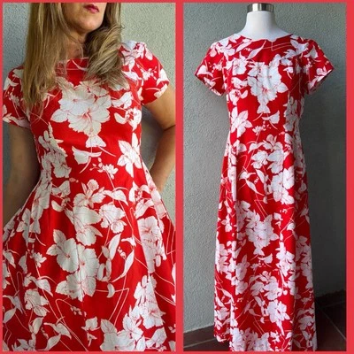 Vestido maxi havaiano floral vermelho vintage década de 1970 Fashions by Loke Honolulu vintage 10 - Imagem 1 de 4