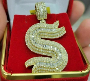 4Ct Baguette Cut Lab Created Diamond HipHop Charm Pendant 14K Yellow Gold Plated - Picture 1 of 5