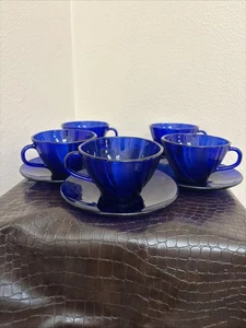 5er Set Vintage Vereco Kobaltblau Wirbelglas Tassen & Untertassen Frankreich - Bild 1 von 21