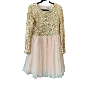 Cat & Jack Dress Girls Large Pink Gold Sequin Tulle Long Sleeve Zip Formal - Picture 1 of 9