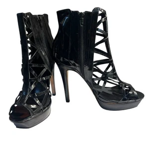 Bebe Patent Leather Booties Size 9M Black Caged Peep Toe Stiletto Heels Zip - Picture 1 of 9