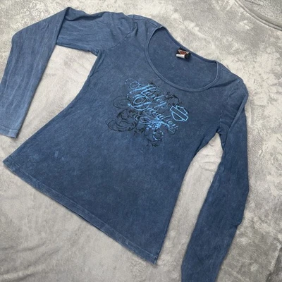Harley Davidson Shirt Womens Large  Gray Rhinestone Long Sleeve USA - Image 1 of 4
