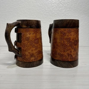 Handmade Beer Mug Wooden Viking Beer Wooden Tankard Hand rustic Mug Pair - Picture 1 of 7