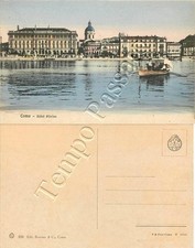 Cartolina di Como, hotel Plinius e barca a remi sul lago