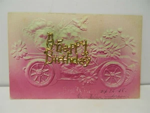 Vintage Embossed Airbrushed Happy Birthday Old Car Floral Postcard - P29 - Picture 1 of 4